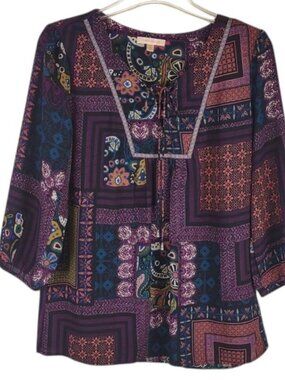 Boho Peasant Floral Blouse Lace Up Tie Embroidery Ribbon 3/4 Sleeve Semi-Sheer